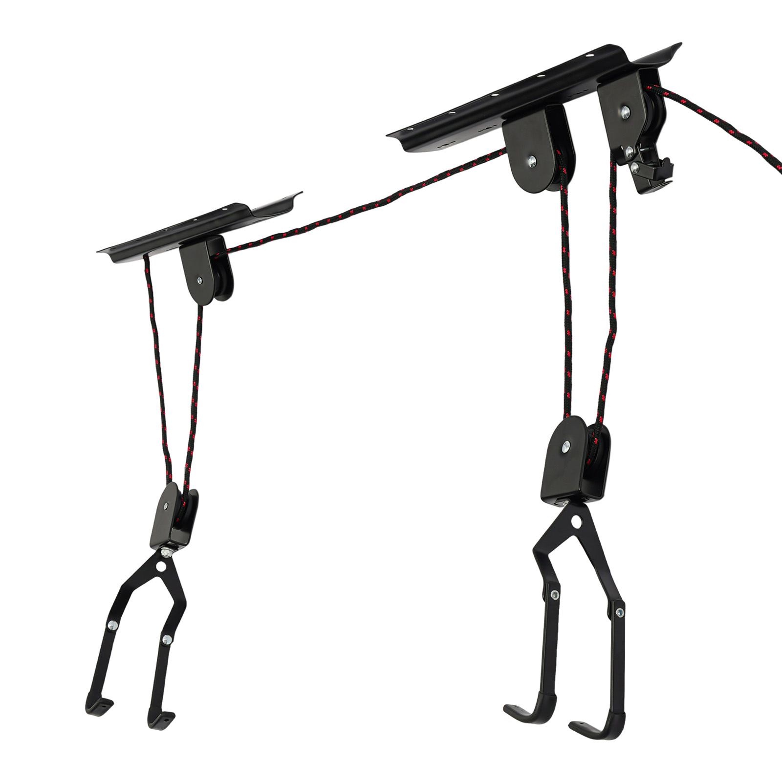 Cycling Gear Wall Hanger - ที่แขวนจักรยานสำหรับเพดานโรงรถ, ที่วางจักรยานติดผนัง, ระบบจัดเก็บจักรยานแบบติดผนัง, รอกยก, ตะขอเคลือบ, สายรัดนิรภัย,
