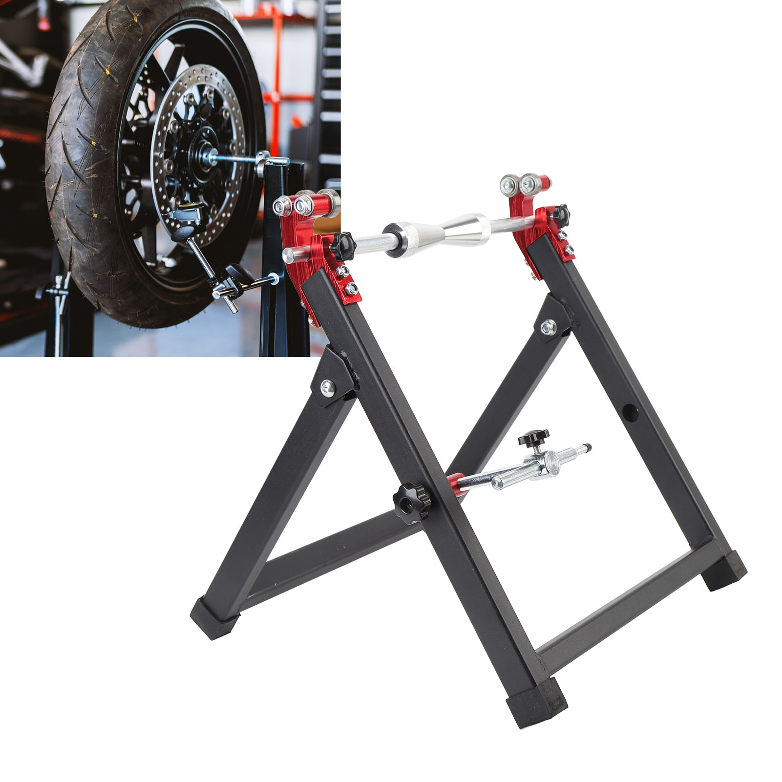 Cycling Gear Stand - แท่นตั้งล้อแบบพับได้สำหรับมอเตอร์ไซค์ แท่นปรับสมดุลล้อ ปรับตำแหน่งศูนย์กลางได้ พร้อมกรวยปรับระดับ สำหรับยางล้อรถวิบาก